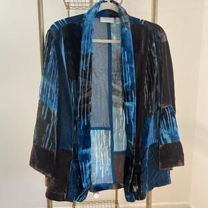 Chico's Velvet Burnout Kimono Jacket Patchwork Floral Boho Blue Sz 1 M Blue